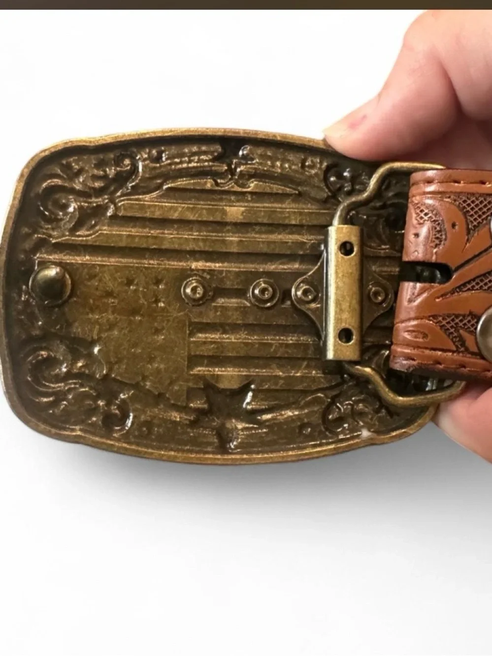 Western poker brass belt with floral embossed genuine leather